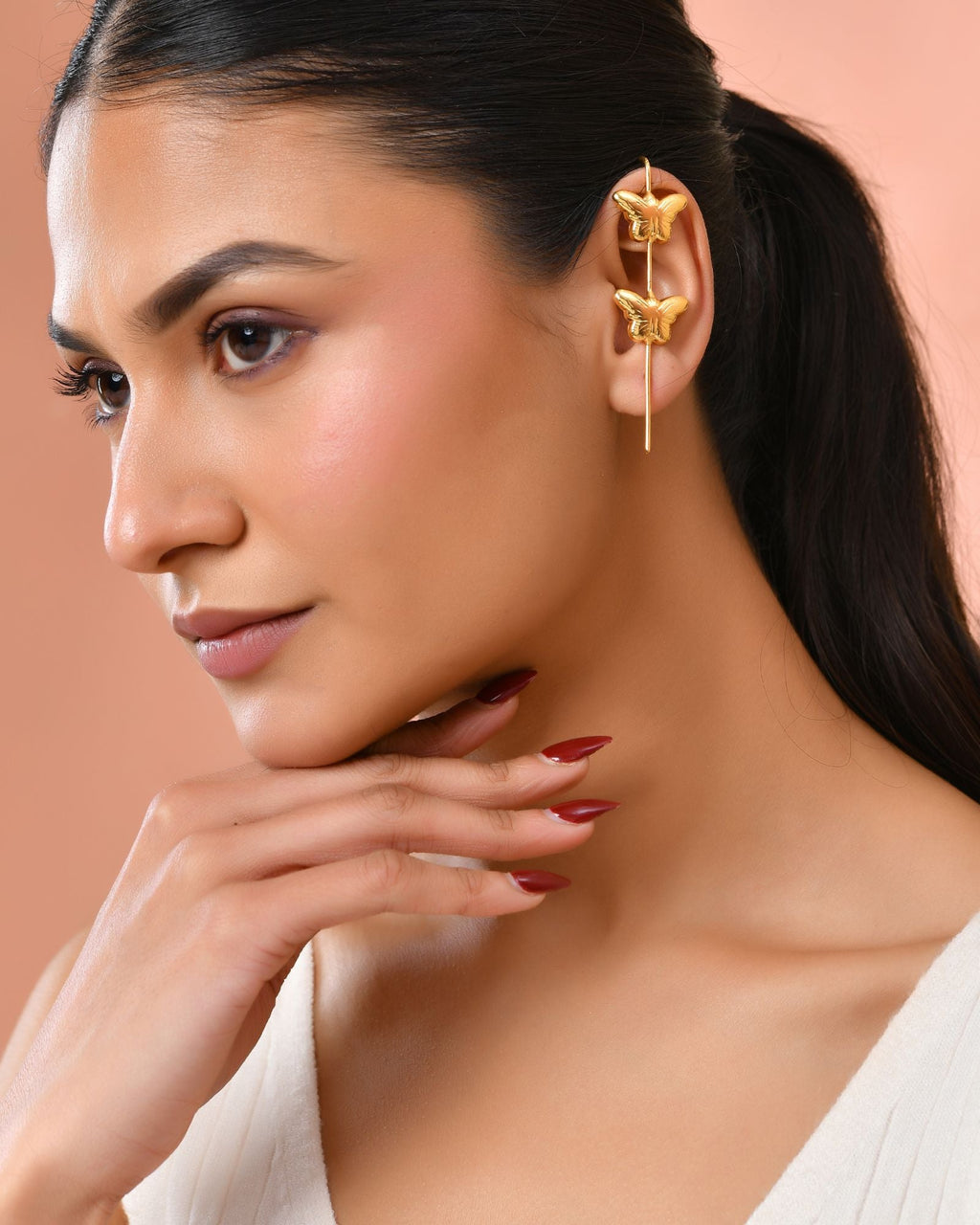Jewels Nest Gold-Tone Butterfly Motif Linear Drop Earrings For Women | Minimal Elegant Jewellery | Grocsy