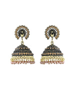 Jewels Nest Antique Gold-Polished Jhumka Earrings with Floral Detailing and Stone Embellishments