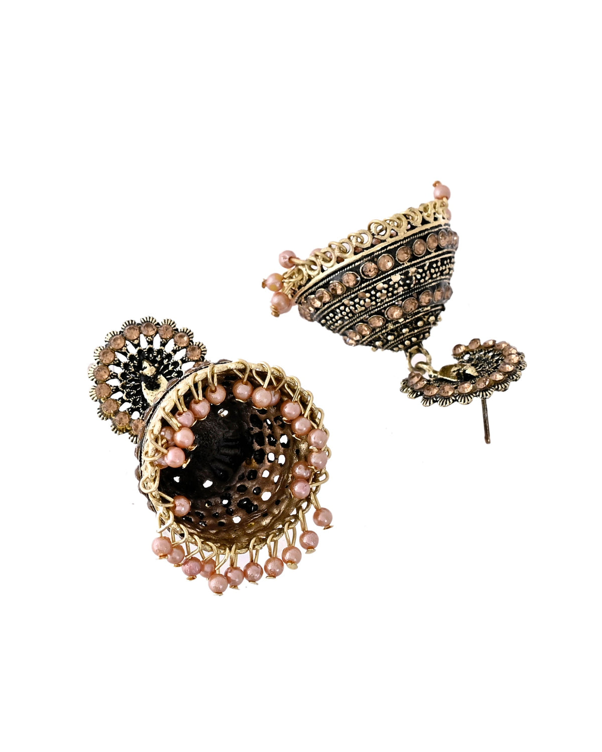 Jewels Nest Antique Gold-Polished Jhumka Earrings with Floral Detailing and Stone Embellishments