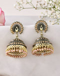 Jewels Nest Antique Gold-Polished Jhumka Earrings with Floral Detailing and Stone Embellishments
