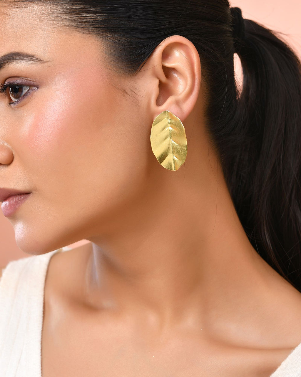 Jewels Nest Gold-Tone Textured Leaf Stud Earrings For Women | Minimal Modern Jewellery | Grocsy