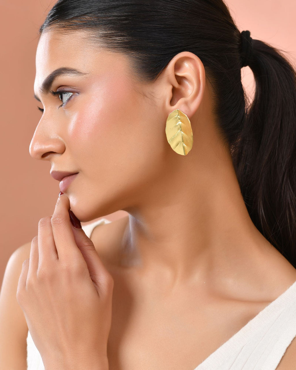 Jewels Nest Gold-Tone Textured Leaf Stud Earrings For Women | Minimal Modern Jewellery | Grocsy