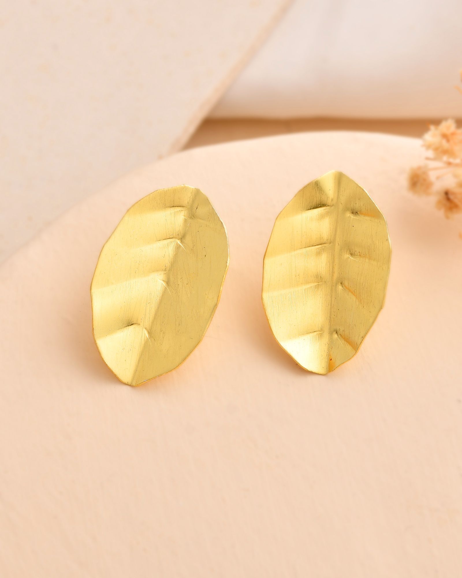 Jewels Nest Gold-Tone Textured Leaf Stud Earrings For Women | Minimal Modern Jewellery | Grocsy