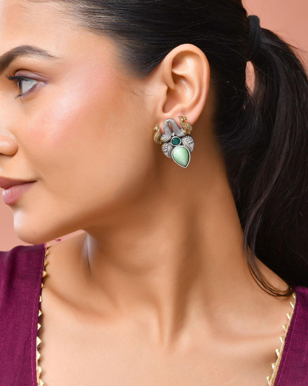 Jewels Nest Oxidised Silver Peacock Stud Earrings With Green Stone For Women | Grocsy