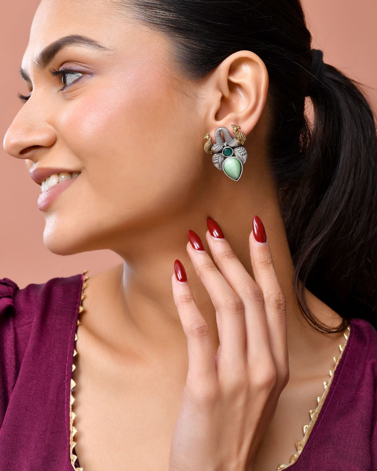 Jewels Nest Oxidised Silver Peacock Stud Earrings With Green Stone For Women | Grocsy