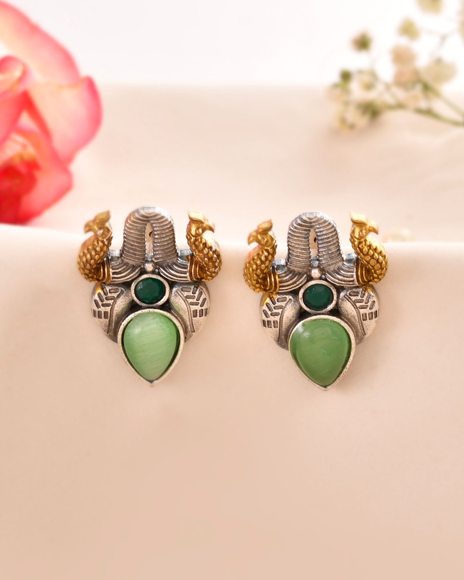 Jewels Nest Oxidised Silver Peacock Stud Earrings With Green Stone For Women | Grocsy