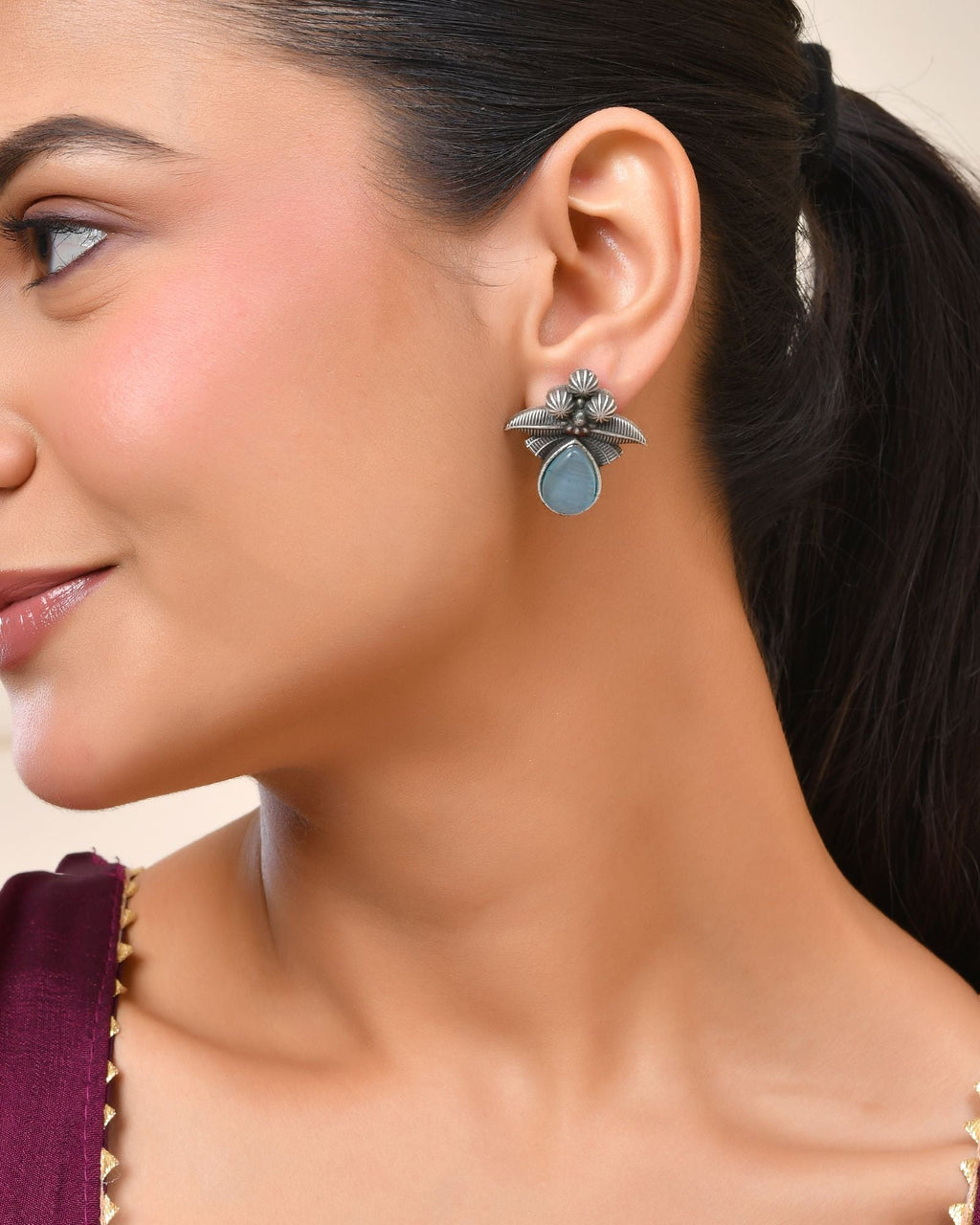 Jewels Nest Oxidised Silver Floral Stud Earrings With Blue Stone For Women | Grocsy
