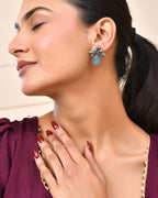 Jewels Nest Oxidised Silver Floral Stud Earrings With Blue Stone For Women | Grocsy