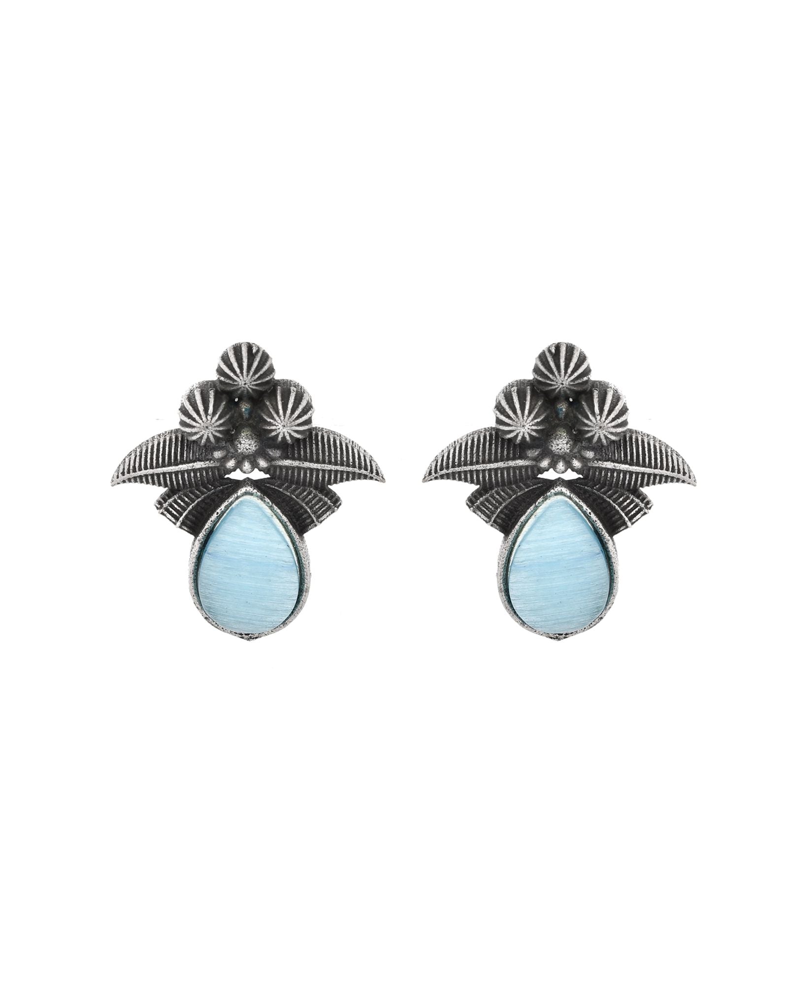 Jewels Nest Oxidised Silver Floral Stud Earrings With Blue Stone For Women | Grocsy