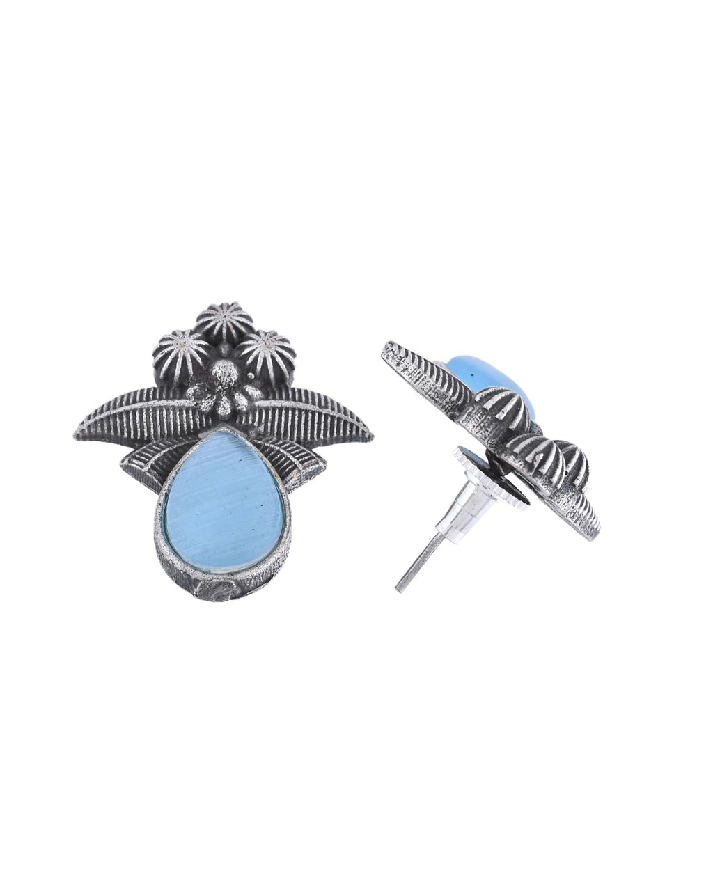 Jewels Nest Oxidised Silver Floral Stud Earrings With Blue Stone For Women | Grocsy