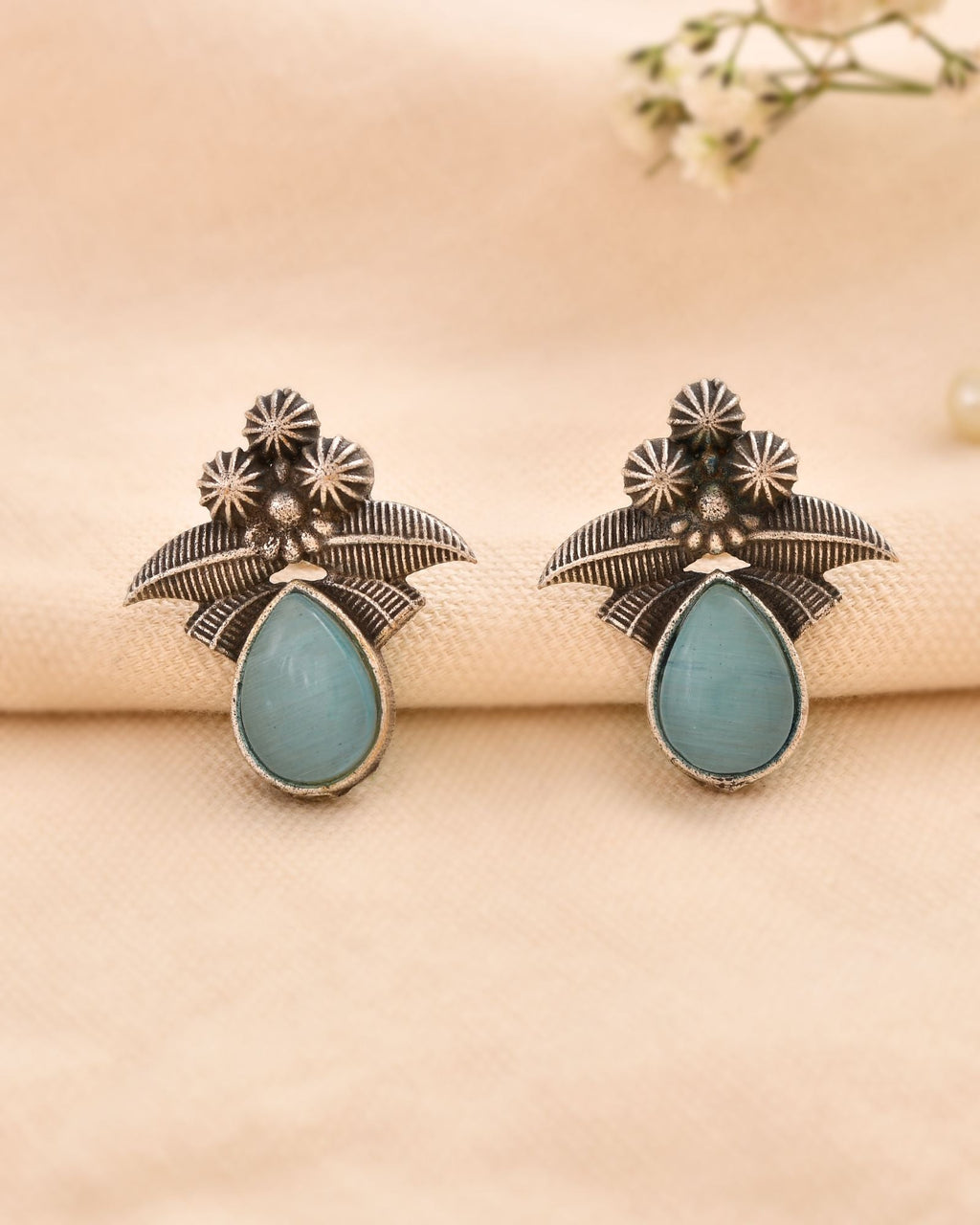 Jewels Nest Oxidised Silver Floral Stud Earrings With Blue Stone For Women | Grocsy