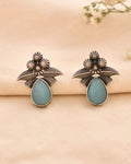 Jewels Nest Oxidised Silver Floral Stud Earrings With Blue Stone For Women | Grocsy