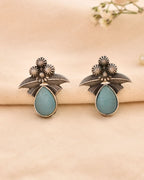 Jewels Nest Oxidised Silver Floral Stud Earrings With Blue Stone For Women | Grocsy