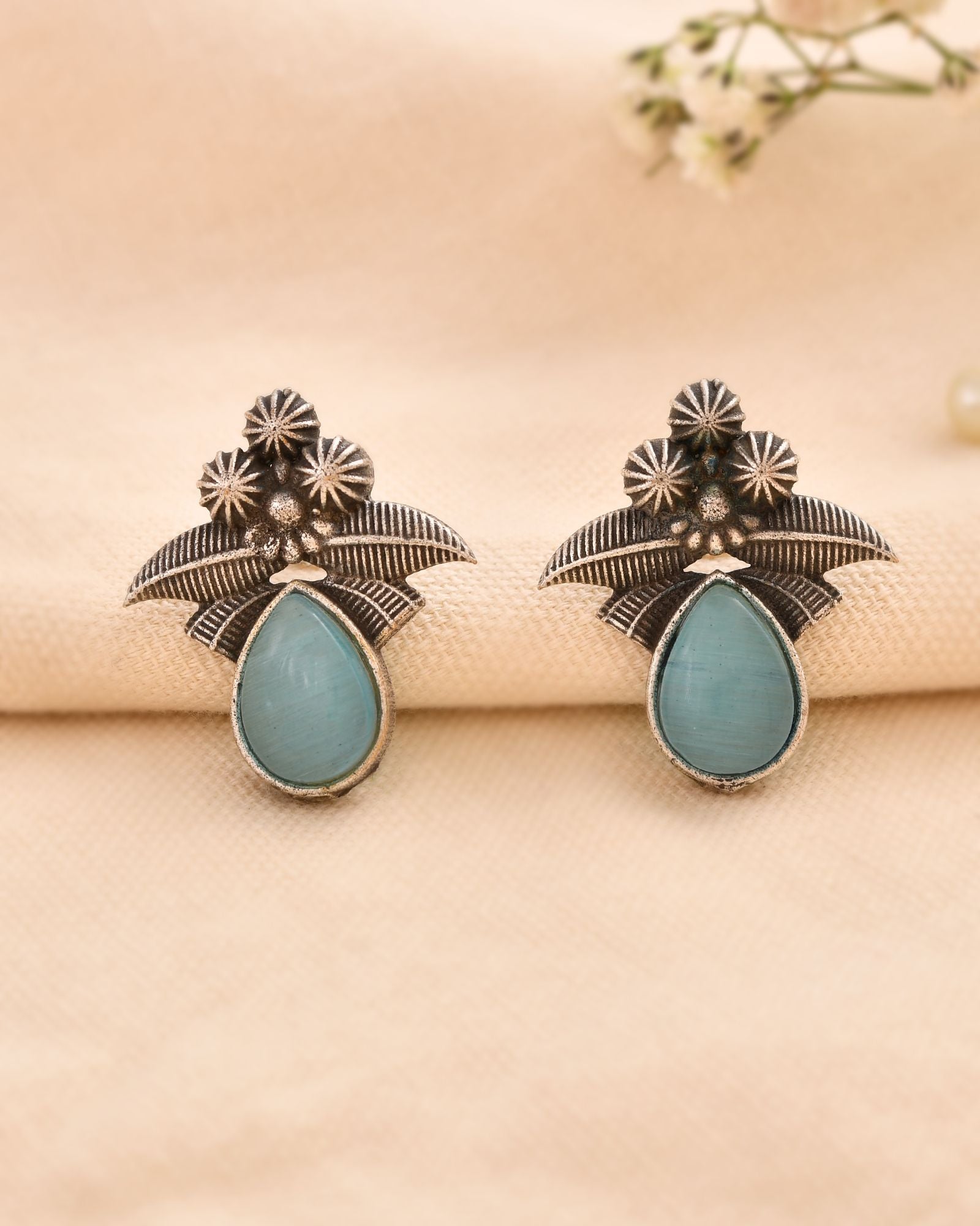 Jewels Nest Oxidised Silver Floral Stud Earrings With Blue Stone For Women | Grocsy