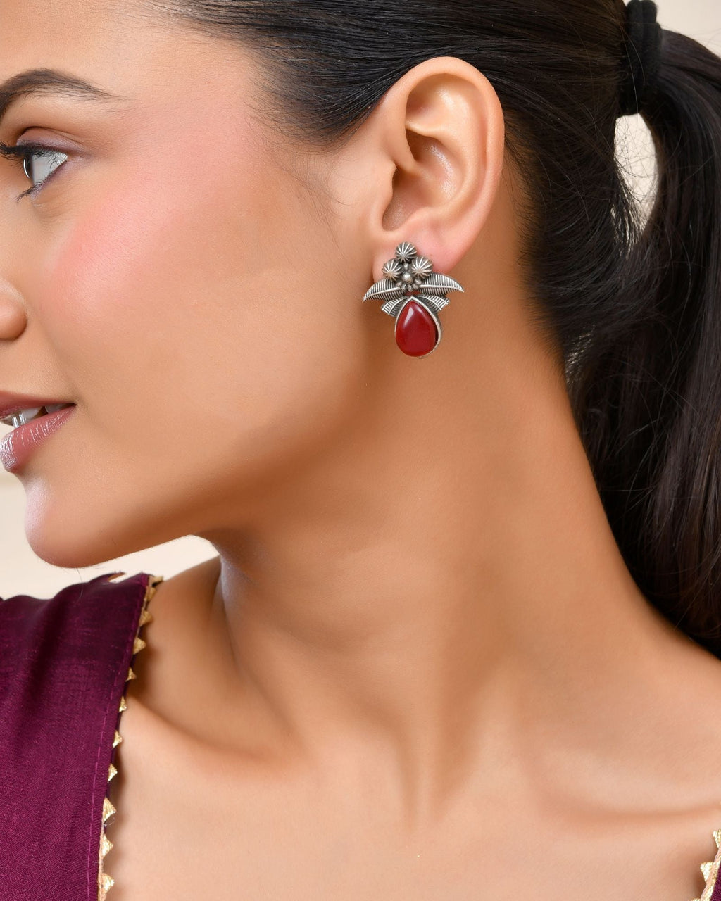 Jewels Nest Oxidised Silver Red Stone Floral Stud Earrings For Women | Grocsy