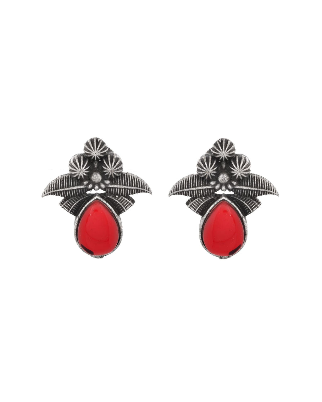 Jewels Nest Oxidised Silver Red Stone Floral Stud Earrings For Women | Grocsy