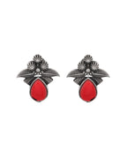 Jewels Nest Oxidised Silver Red Stone Floral Stud Earrings For Women | Grocsy