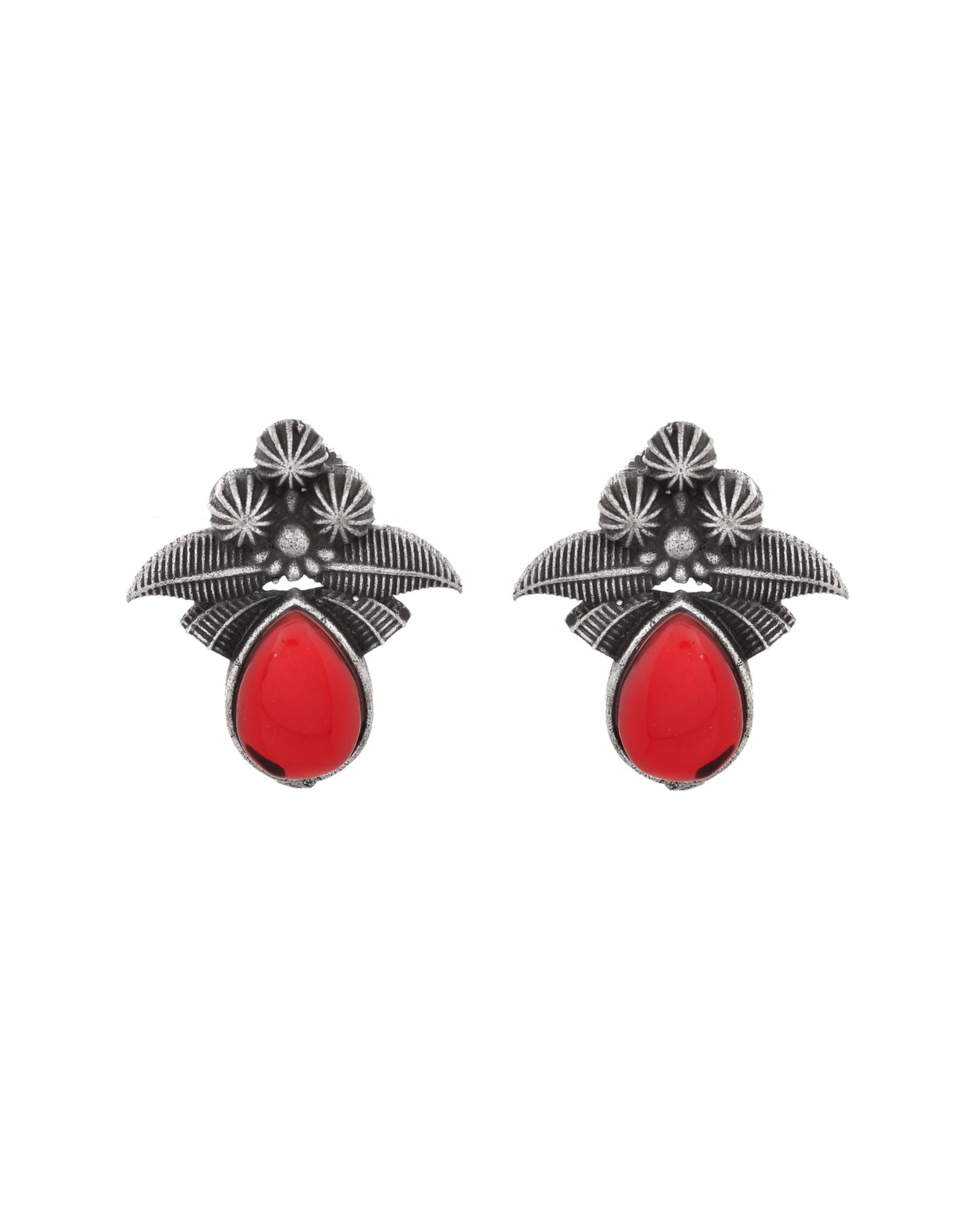 Jewels Nest Oxidised Silver Red Stone Floral Stud Earrings For Women | Grocsy