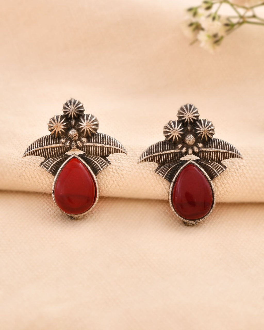 Jewels Nest Oxidised Silver Red Stone Floral Stud Earrings For Women | Grocsy