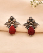 Jewels Nest Oxidised Silver Red Stone Floral Stud Earrings For Women | Grocsy