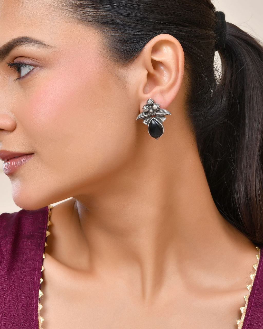 Jewels Nest Oxidised Silver Black Stone Floral Stud Earrings For Women | Grocsy