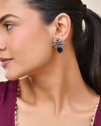 Jewels Nest Oxidised Silver Black Stone Floral Stud Earrings For Women | Grocsy