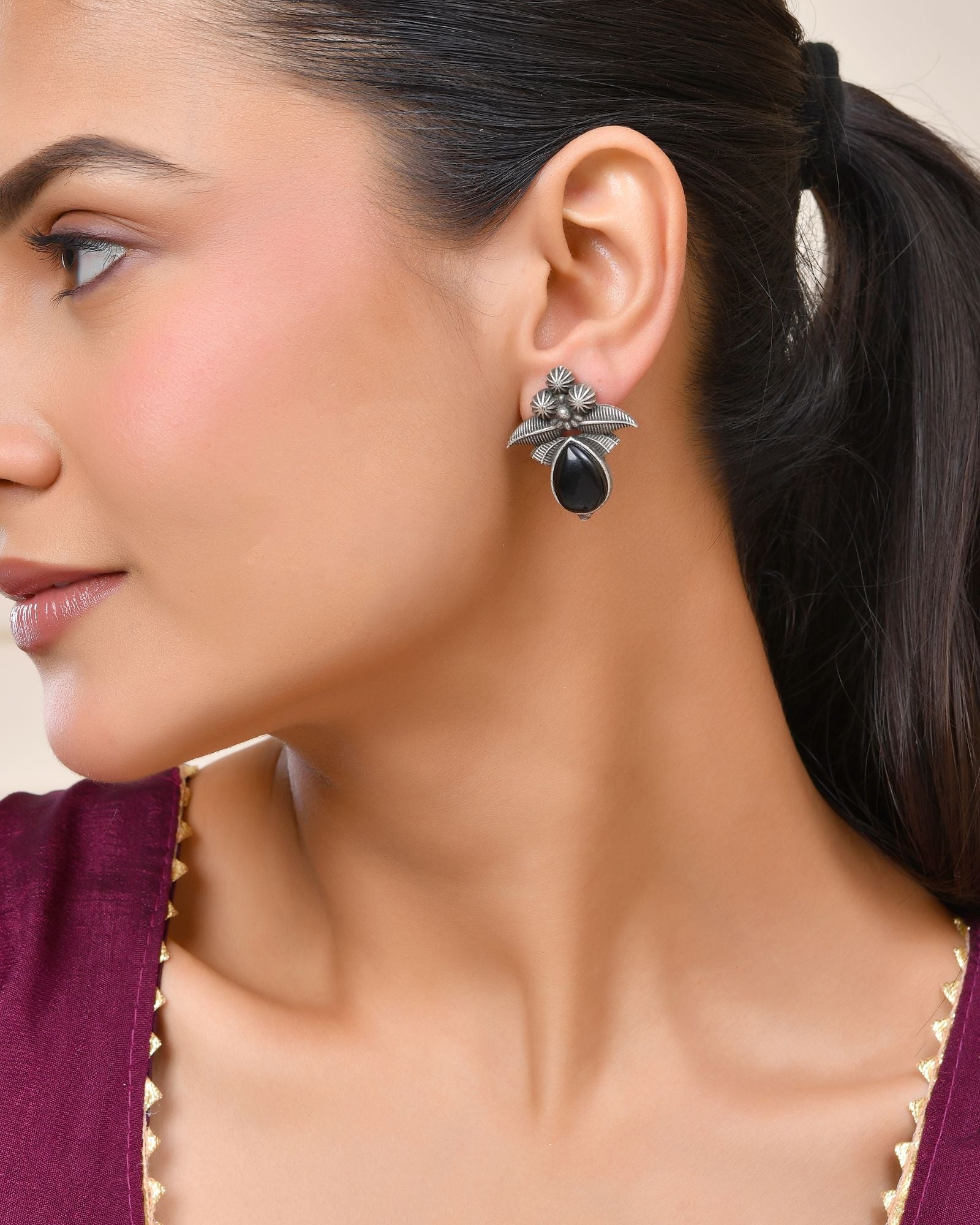 Jewels Nest Oxidised Silver Black Stone Floral Stud Earrings For Women | Grocsy
