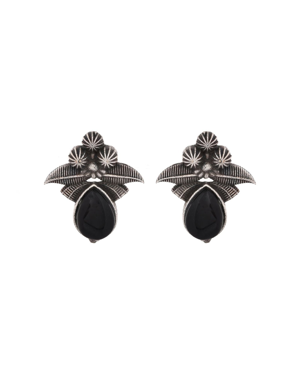 Jewels Nest Oxidised Silver Black Stone Floral Stud Earrings For Women | Grocsy