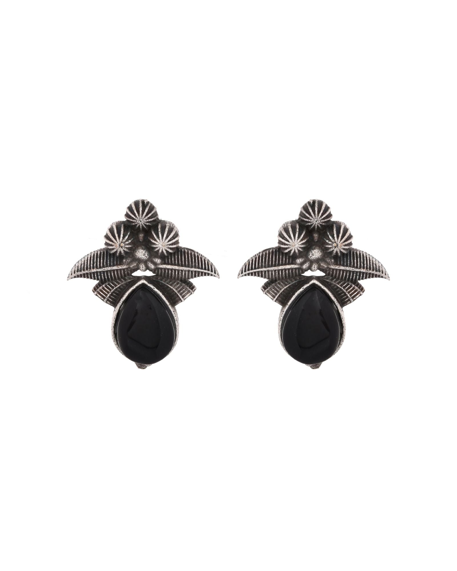Jewels Nest Oxidised Silver Black Stone Floral Stud Earrings For Women | Grocsy