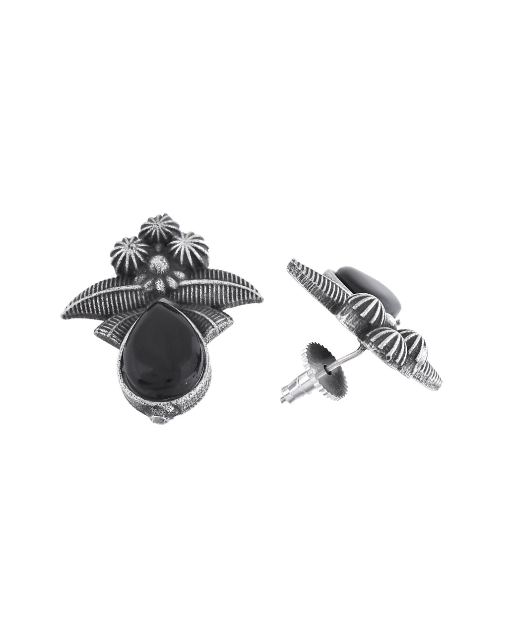 Jewels Nest Oxidised Silver Black Stone Floral Stud Earrings For Women | Grocsy