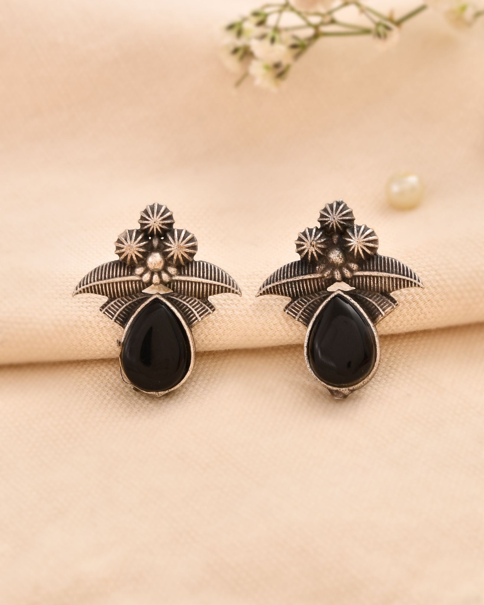Jewels Nest Oxidised Silver Black Stone Floral Stud Earrings For Women | Grocsy