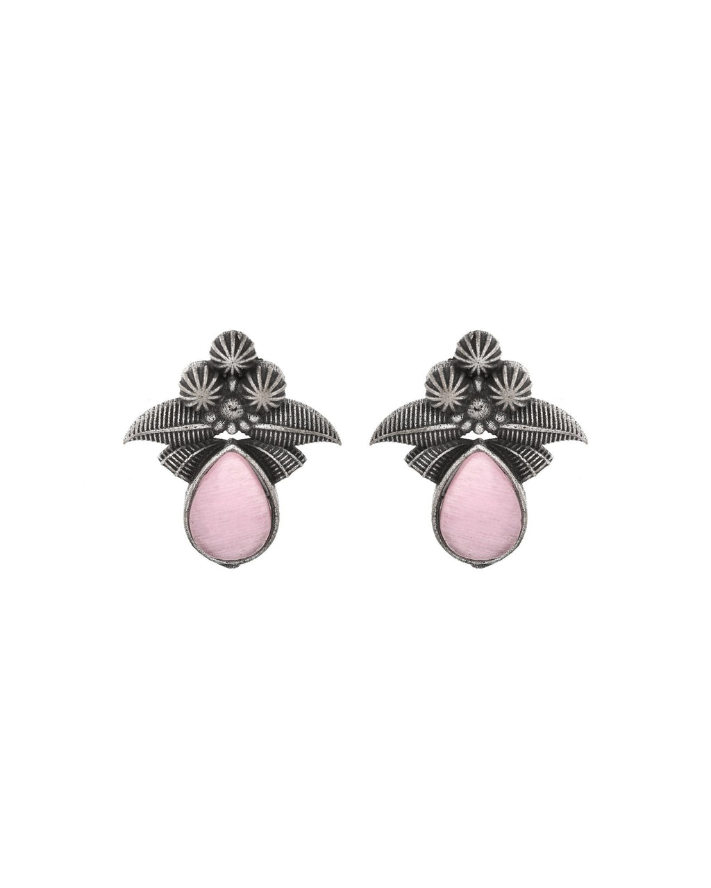 Jewels Nest Oxidised Silver Pink Stone Floral Stud Earrings For Women | Grocsy