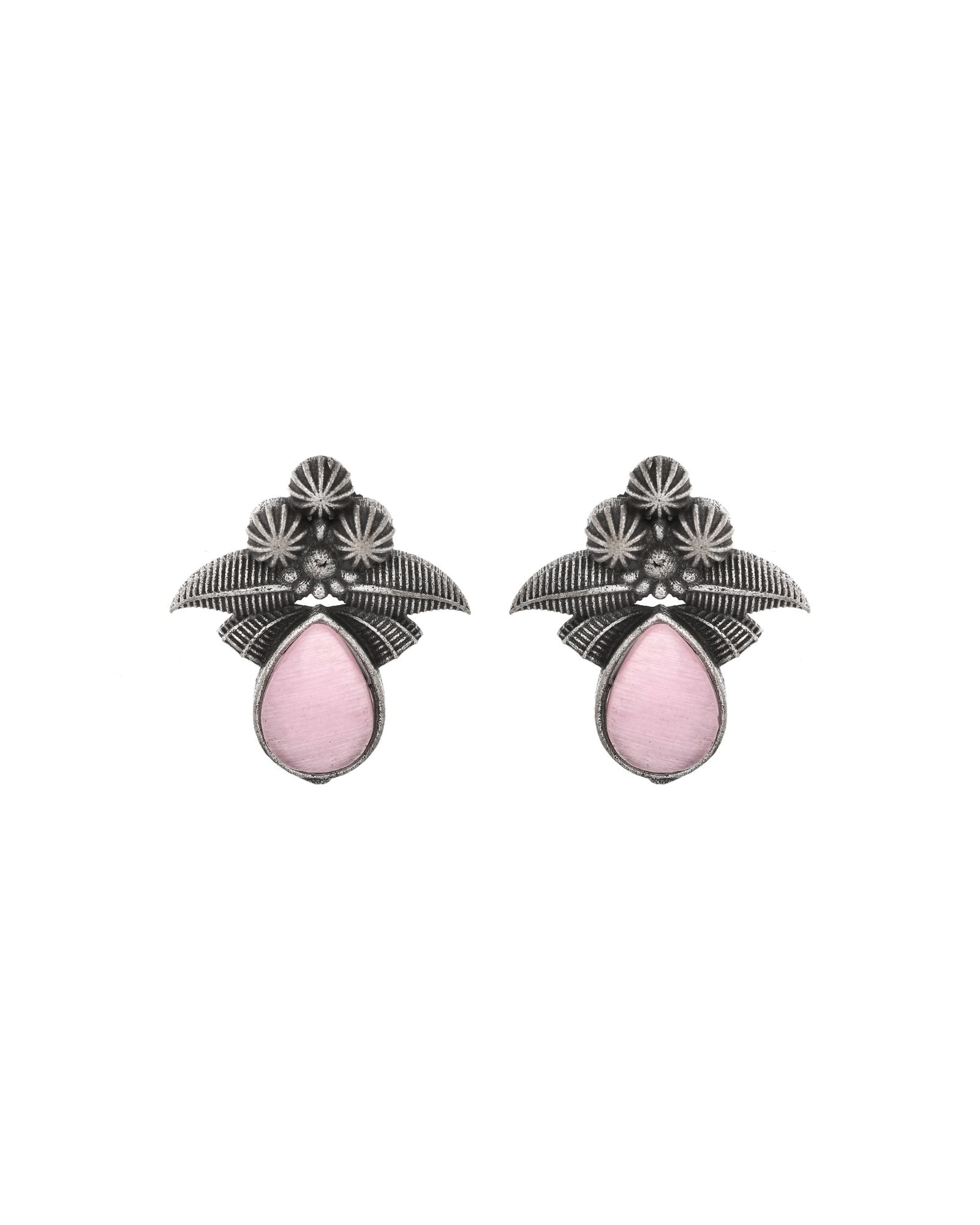 Jewels Nest Oxidised Silver Pink Stone Floral Stud Earrings For Women | Grocsy
