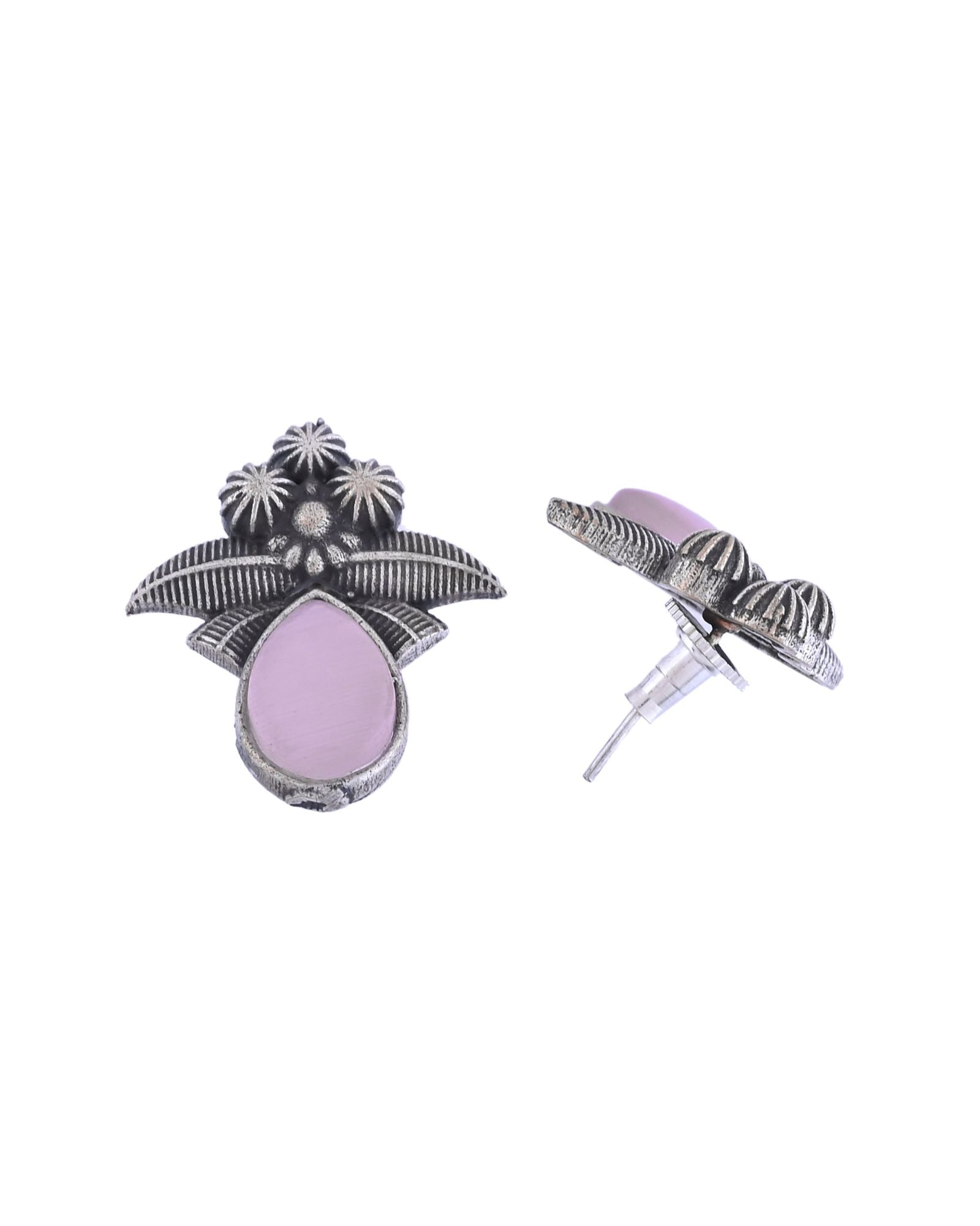 Jewels Nest Oxidised Silver Pink Stone Floral Stud Earrings For Women | Grocsy