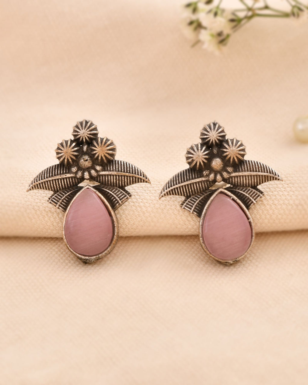 Jewels Nest Oxidised Silver Pink Stone Floral Stud Earrings For Women | Grocsy