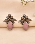 Jewels Nest Oxidised Silver Pink Stone Floral Stud Earrings For Women | Grocsy