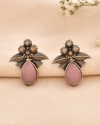 Jewels Nest Oxidised Silver Pink Stone Floral Stud Earrings For Women | Grocsy