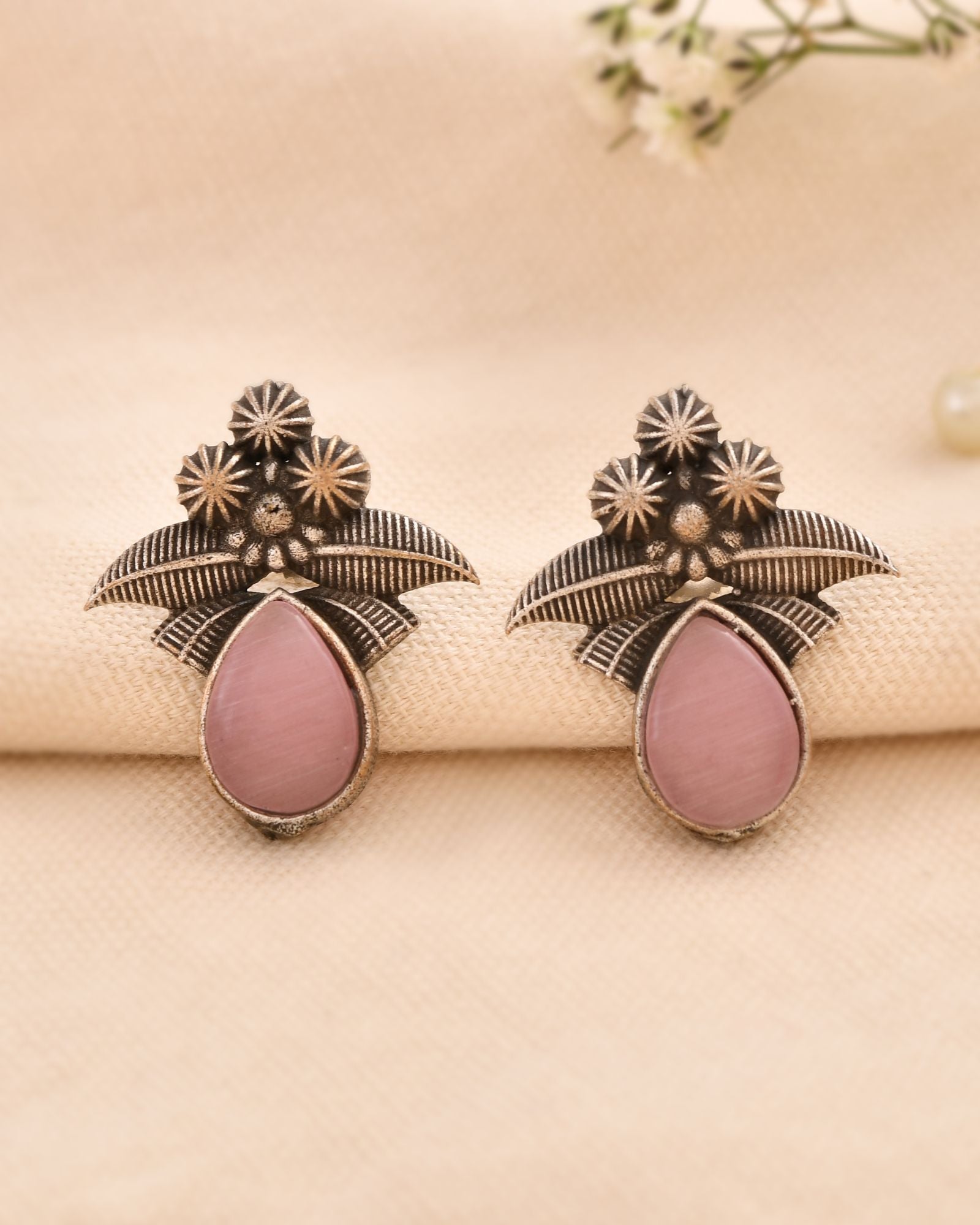 Jewels Nest Oxidised Silver Pink Stone Floral Stud Earrings For Women | Grocsy