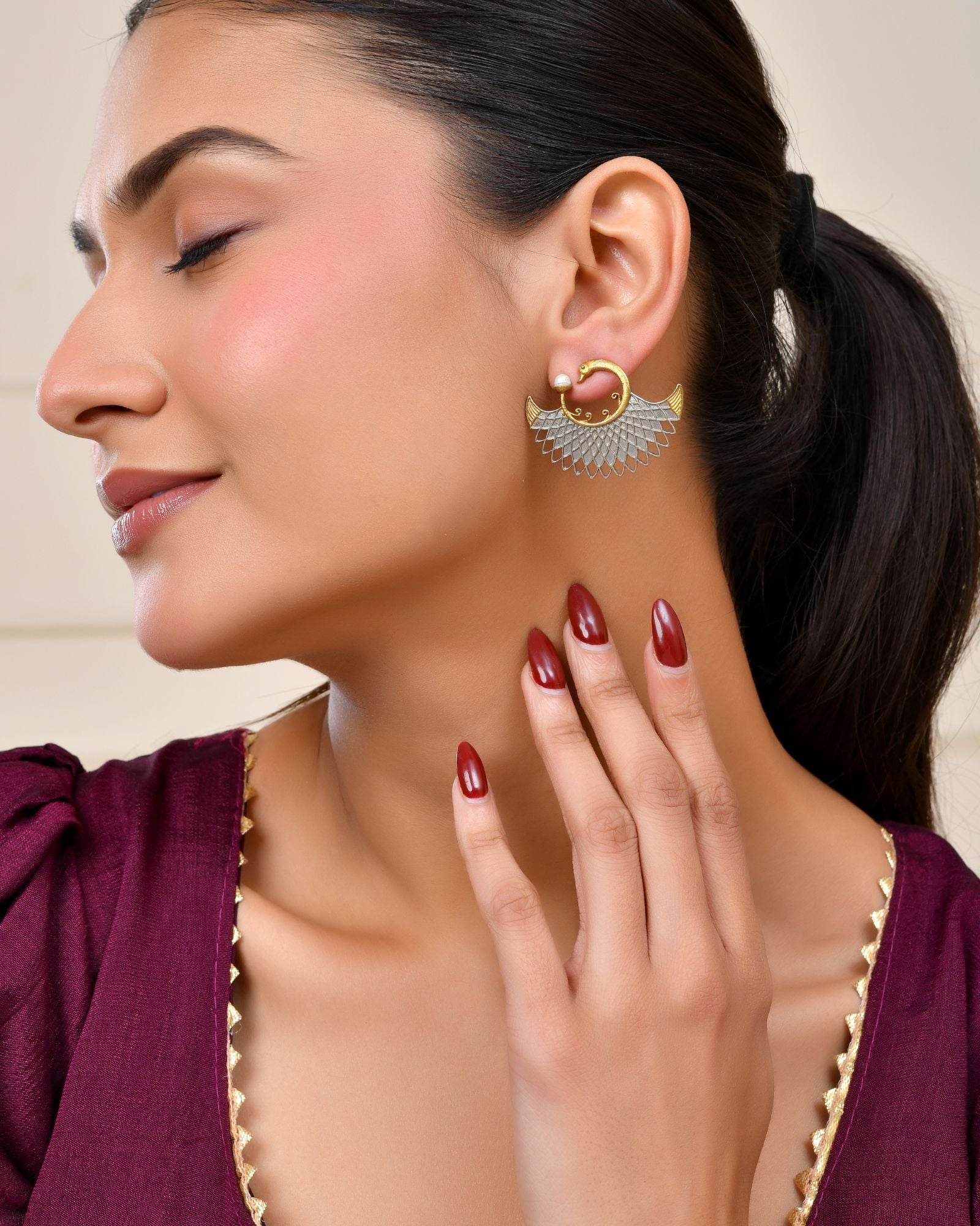 Jewels Nest Gold-Tone Dual Finish Fan Motif Stud Earrings For Women | Grocsy