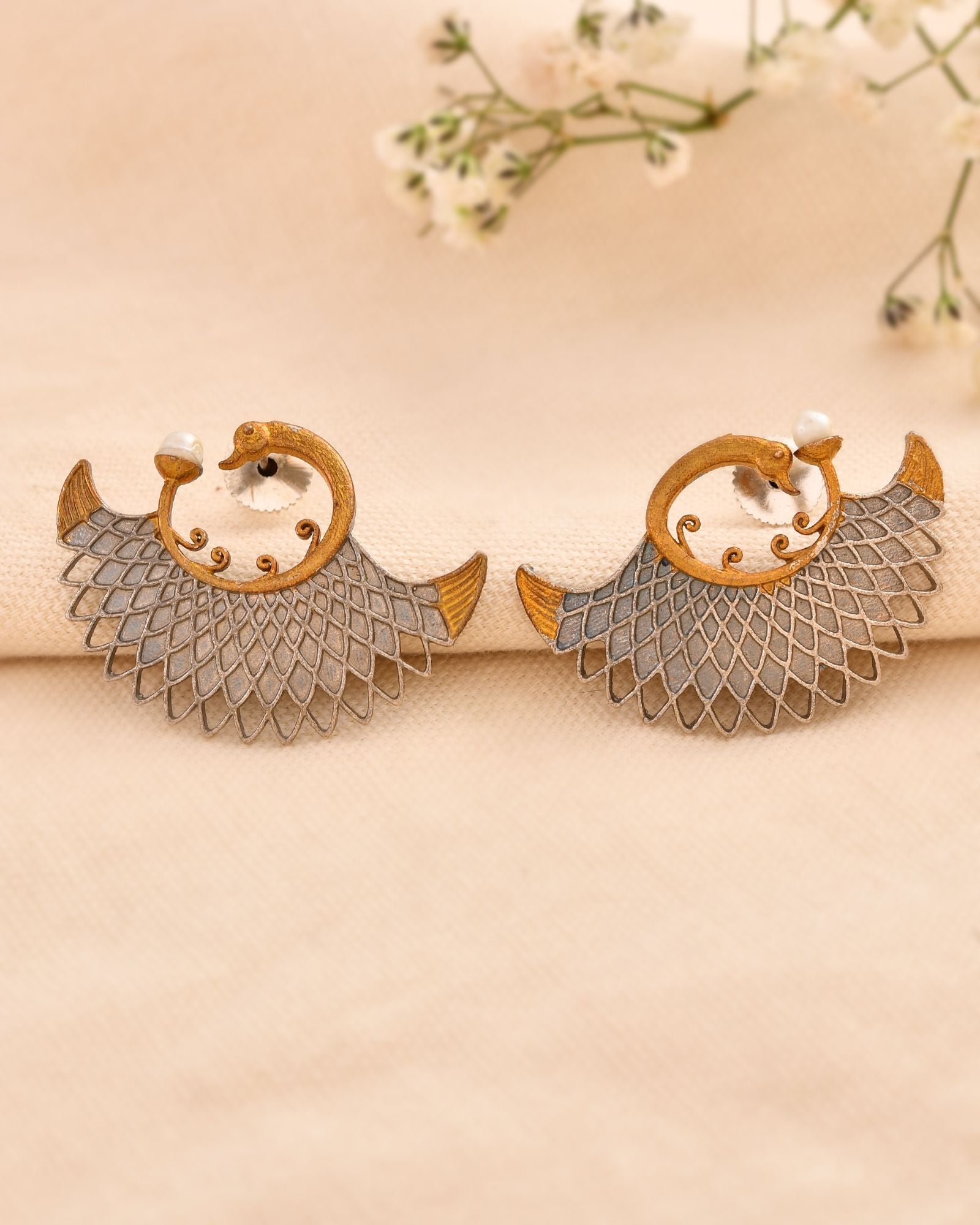 Jewels Nest Gold-Tone Dual Finish Fan Motif Stud Earrings For Women | Grocsy