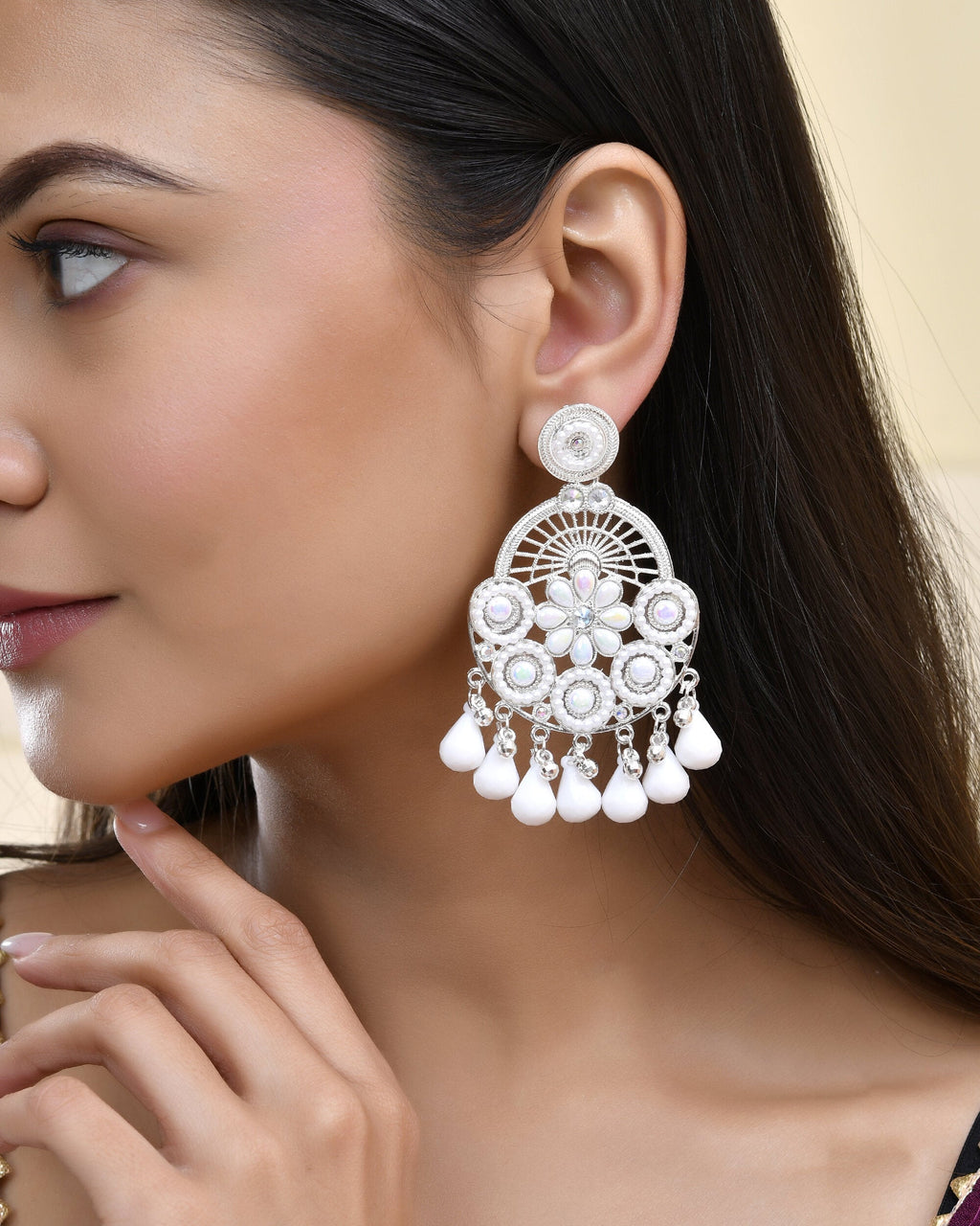 Jewels Nest Silver-Plated White Stone Chandelier Earrings with Floral and Beaded Detailing