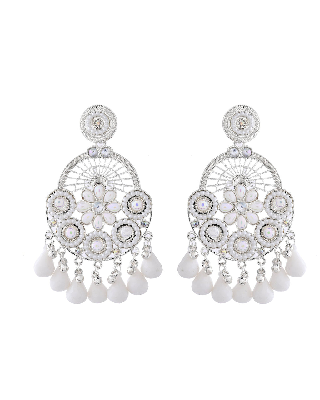 Jewels Nest Silver-Plated White Stone Chandelier Earrings with Floral and Beaded Detailing