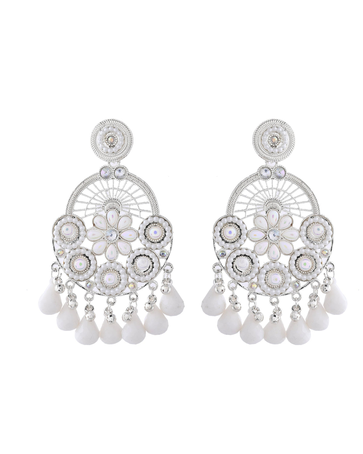 Jewels Nest Silver-Plated White Stone Chandelier Earrings with Floral and Beaded Detailing