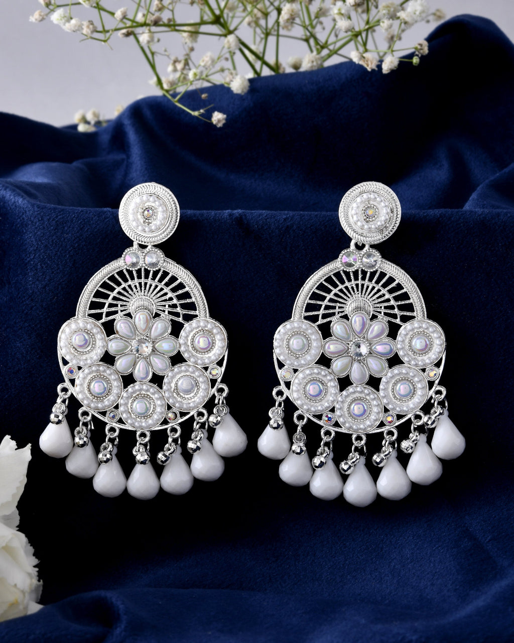 Jewels Nest Silver-Plated White Stone Chandelier Earrings with Floral and Beaded Detailing