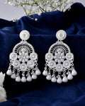 Jewels Nest Silver-Plated White Stone Chandelier Earrings with Floral and Beaded Detailing
