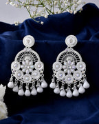 Jewels Nest Silver-Plated White Stone Chandelier Earrings with Floral and Beaded Detailing