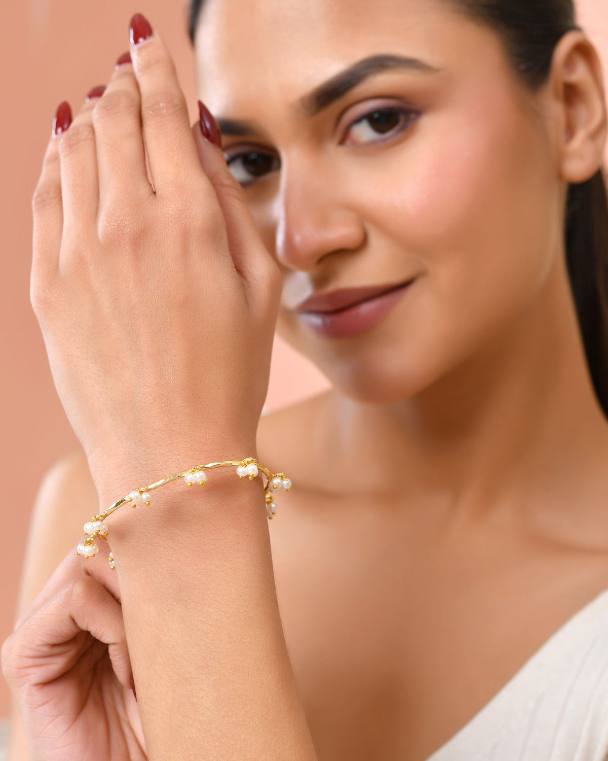 Jewels Nest Gold-Tone Pearl Charm Adjustable Kada Bracelet For Women | Grocsy