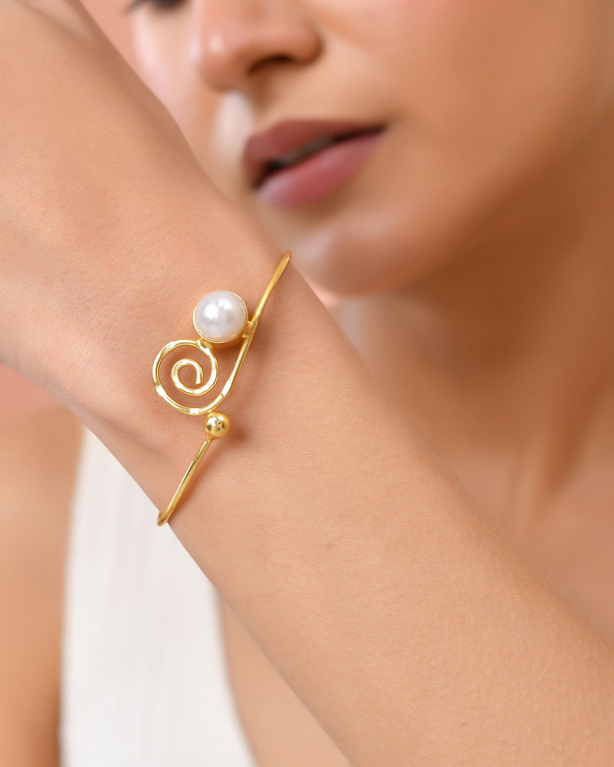 Jewels Nest Gold-Tone Pearl Detail Swirl Cuff Bracelet For Women | Grocsy