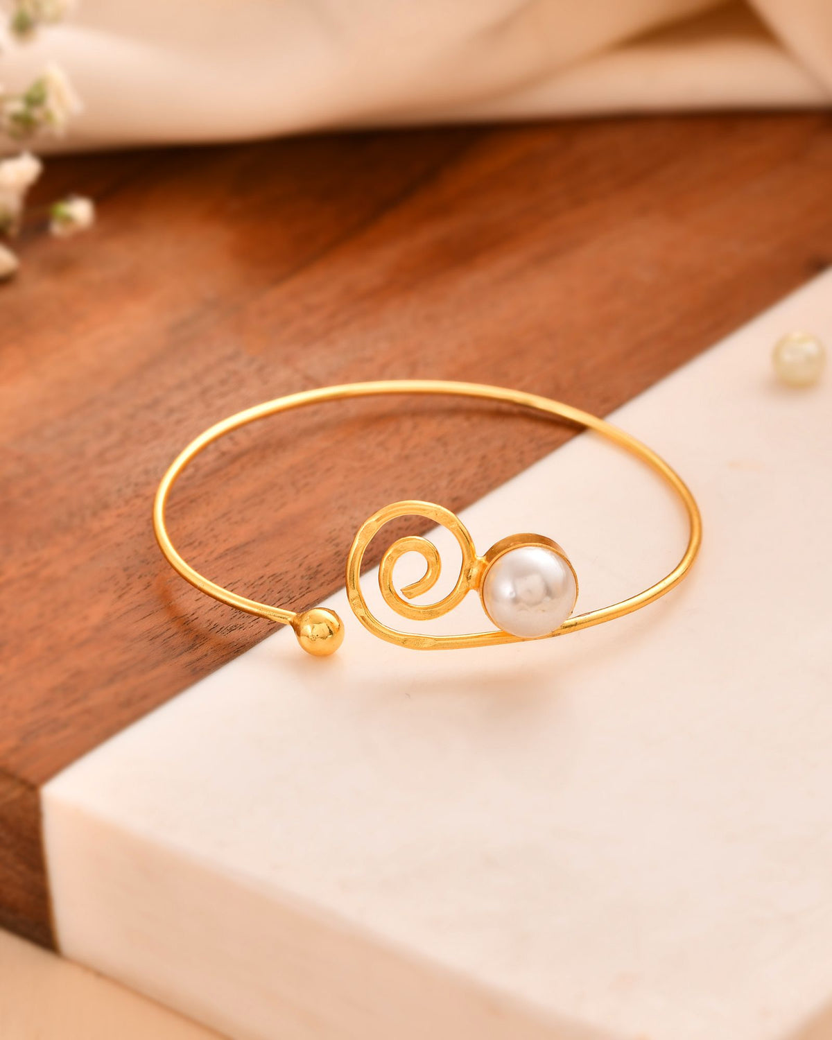 Jewels Nest Gold-Tone Pearl Detail Swirl Cuff Bracelet For Women | Grocsy