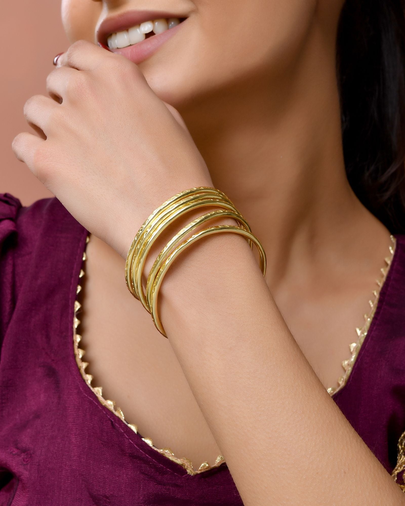 Jewels Nest Gold-Tone Textured Open Cuff Bangles Set For Women (Set Of 6) | Grocsy